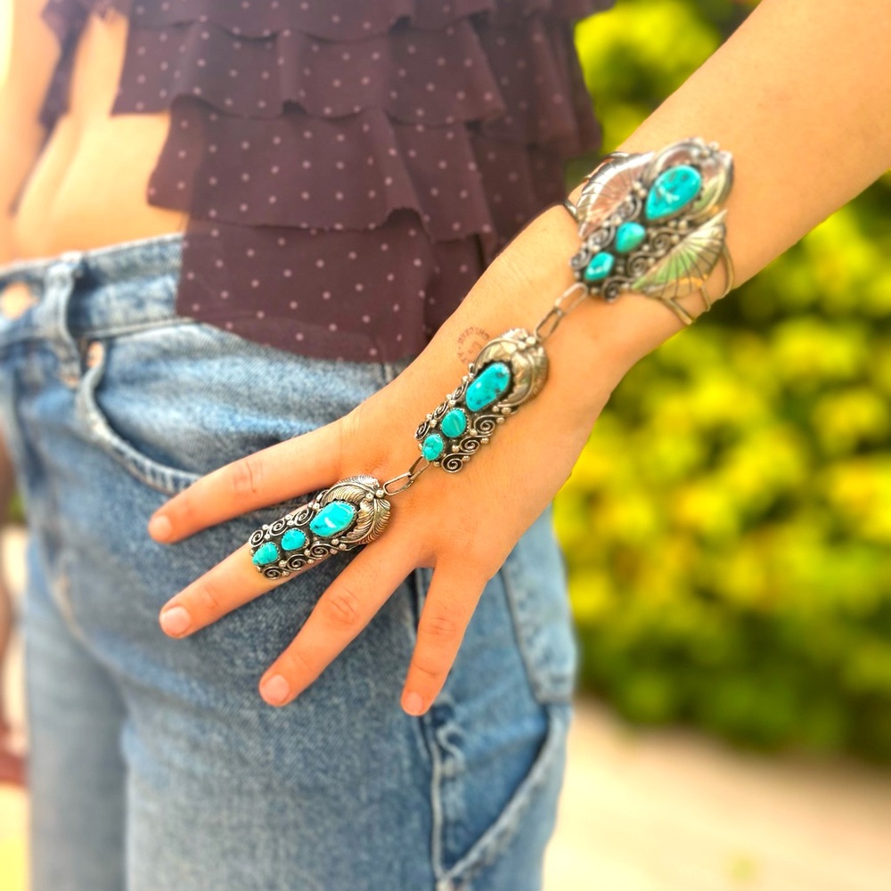Turquoise and Vintage Native American, Silver cuff bracelet and ring set.